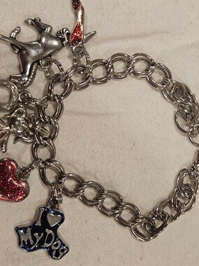 VTG Silver Tone Chunky Charm Bracelet Whimsical I Love My Dog Girl Heart 7.5"